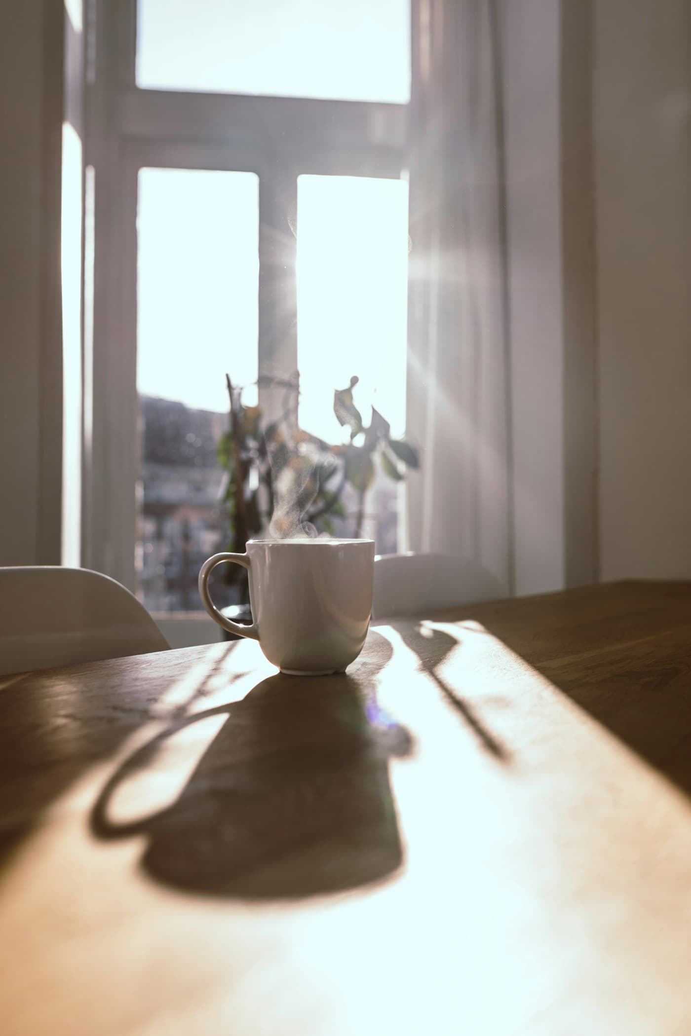 Morning sun through a window behind a steaming mug on a wooden table